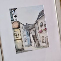 Malovaný obraz v dřevěném rámečku budovy 41 x 33 cm
