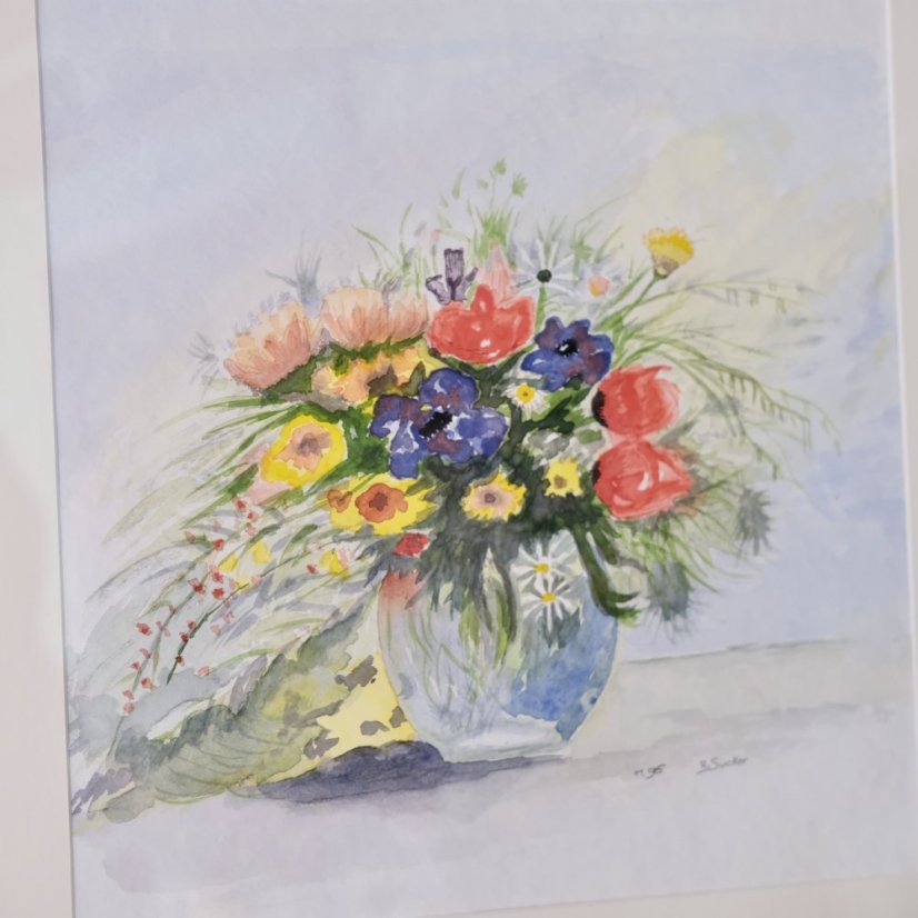 Malovaný obraz v dřevěném rámečku váza s kytici - 45,5 x 47,5 cm