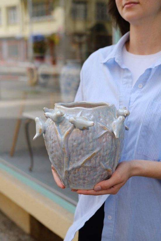 Keramický perleťový květináč/váza s ptáčky 12 x 23 cm